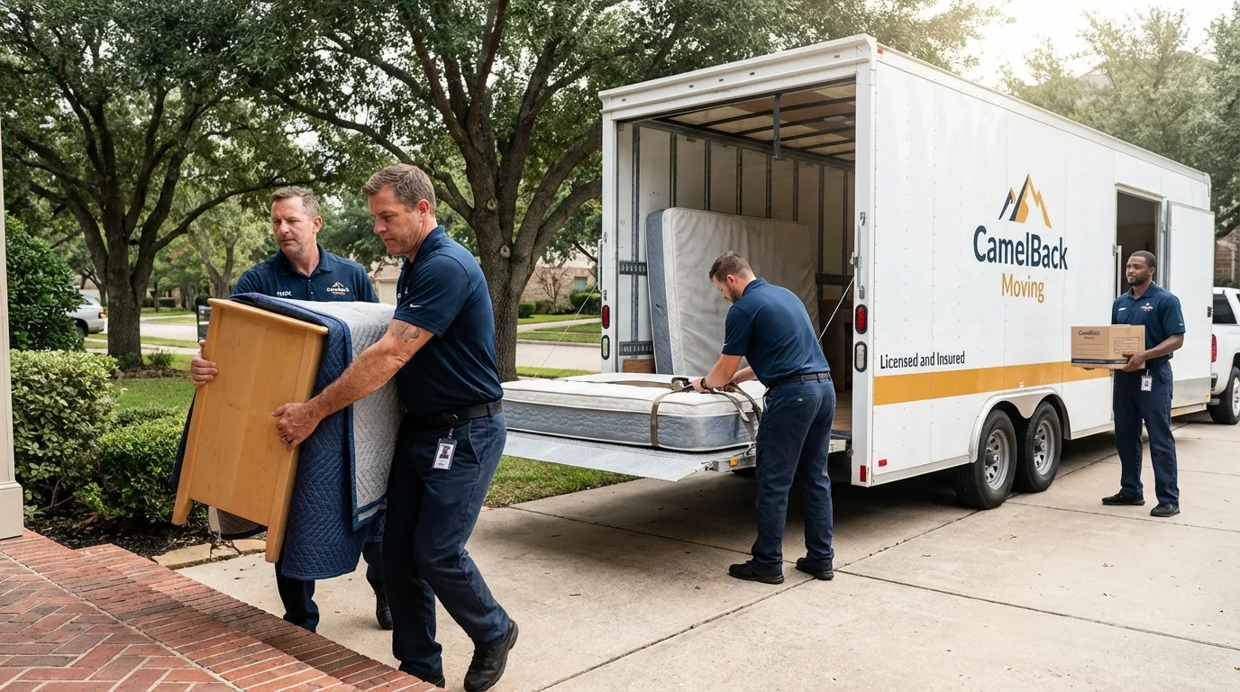 Crew loading residential truck for cross-state move from Abernathy, TX