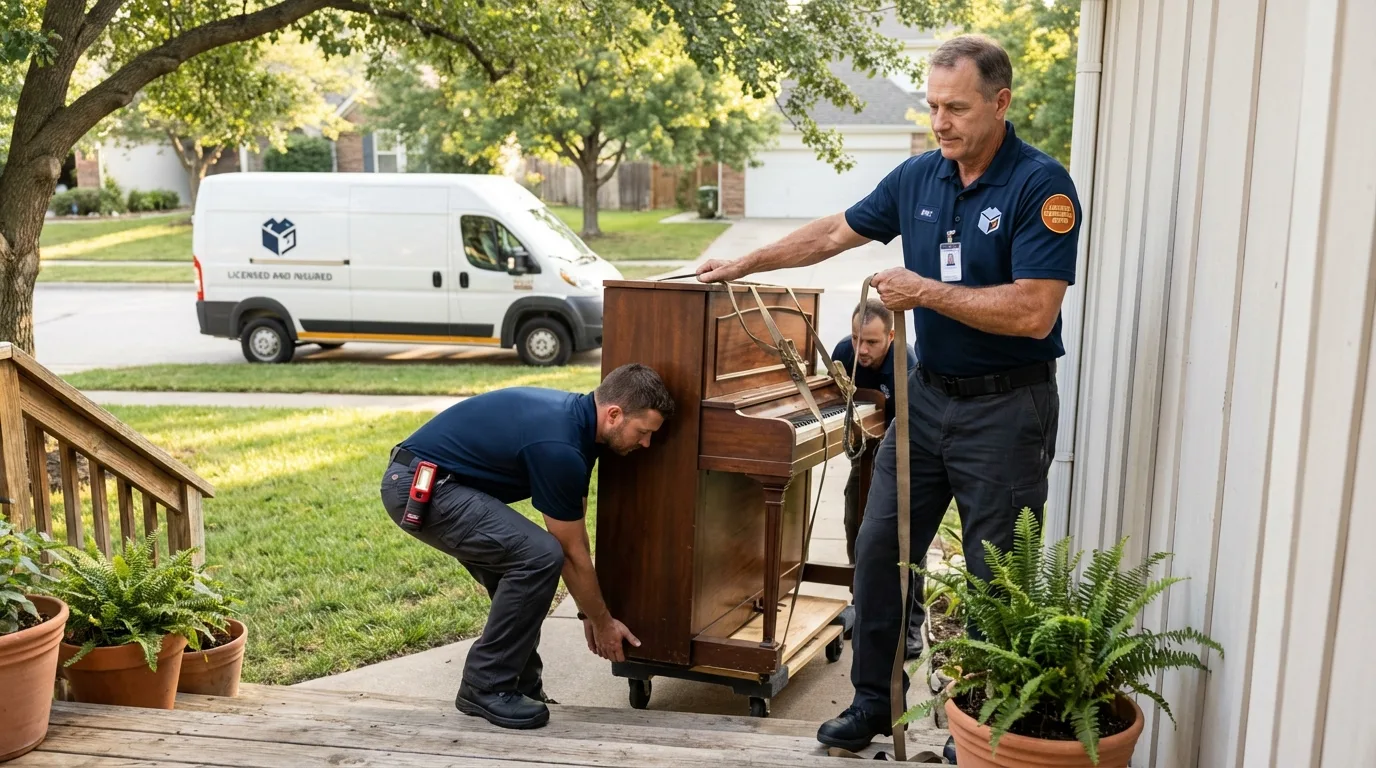 Licensed piano movers securing grand piano in Abernathy, TX